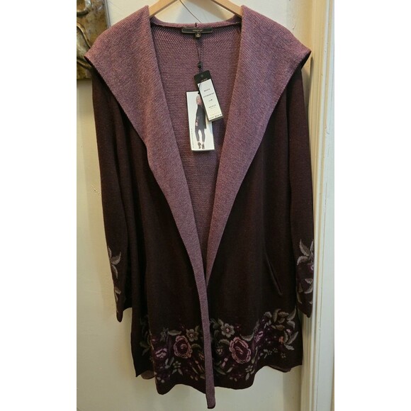 Max Studio Sweaters - NWT MAXSPORT Hooded Cardigan Sweater Women's Burgundy Floral Sz M